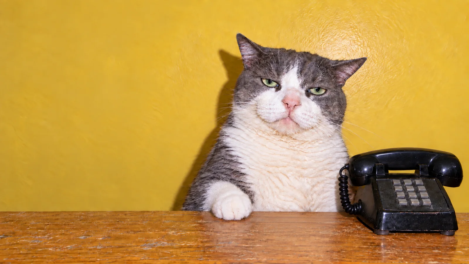 A deeply unimpressed grey-and-white cat waits beside an old black telephone.