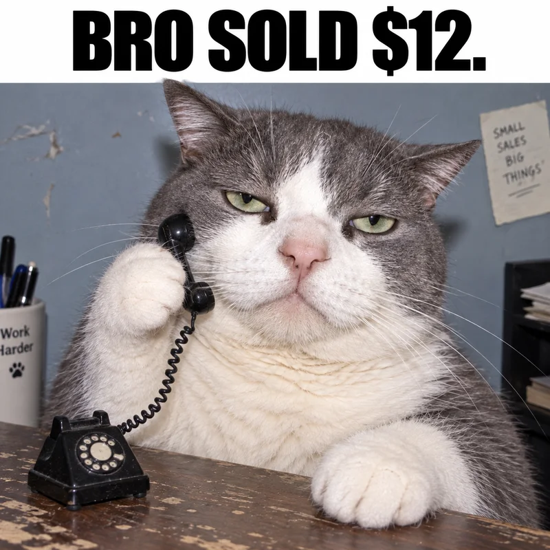 A large phone cat takes a call on a tiny telephone. Caption: BRO SOLD $12.