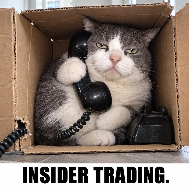 The phone cat sits inside a cardboard box beside its telephone. Caption: INSIDER TRADING.
