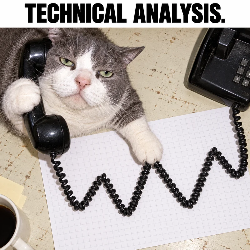 A coiled telephone cord forms peaks and dips on graph paper beneath the phone cat's paw. Caption: TECHNICAL ANALYSIS.