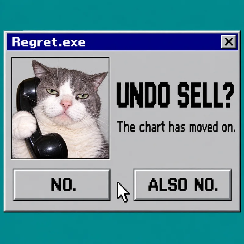 A retro Regret.exe window asks UNDO SELL? beside the phone cat, with only NO and ALSO NO buttons.