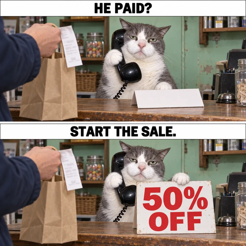 Two panels: the phone cat waits until a customer has paid, then raises a 50% OFF sign. Captions: HE PAID? START THE SALE.