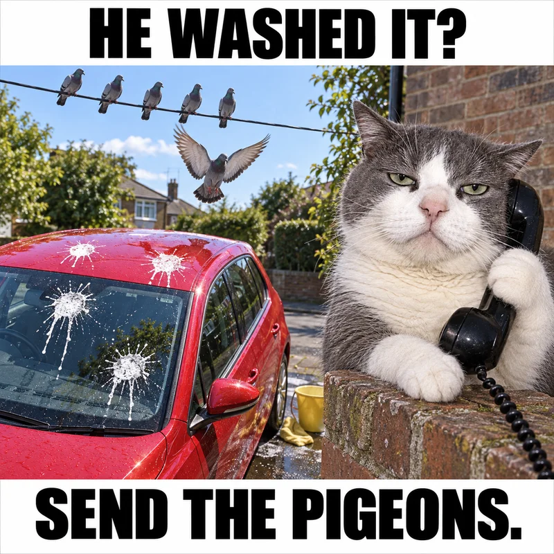 The phone cat makes a call beside a freshly washed red car splattered by pigeons. Captions: HE WASHED IT? SEND THE PIGEONS.