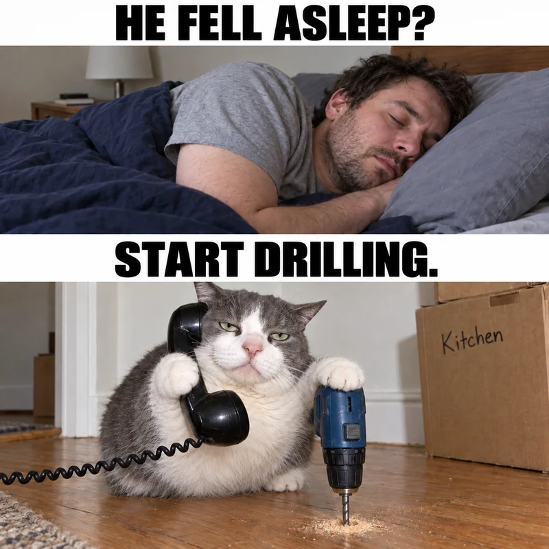 Two panels: a man sleeps, then the phone cat drills into a wooden floor. Captions: HE FELL ASLEEP? START DRILLING.