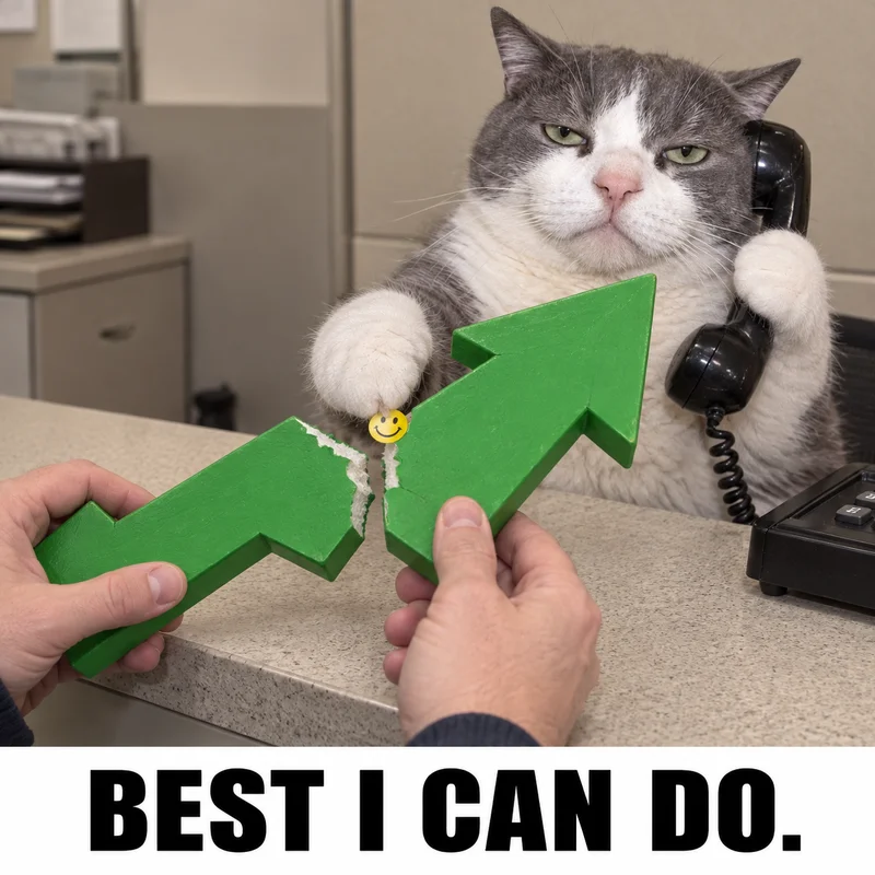 The phone cat puts a tiny smiley-face sticker on a customer's broken green arrow. Caption: BEST I CAN DO.